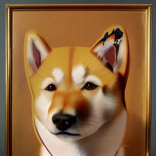 Prompt: renaissance oil painting, portrait of a shiba inu dog wearing a royal crown