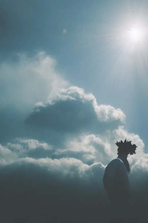 Image similar to agfa vista 4 0 0 photograph of a guy flying through the clouds, flower crown, lens flare, back view, moody lighting, moody vibe, telephoto, 9 0 s vibe, grain, vintage, tranquil, calm, faded