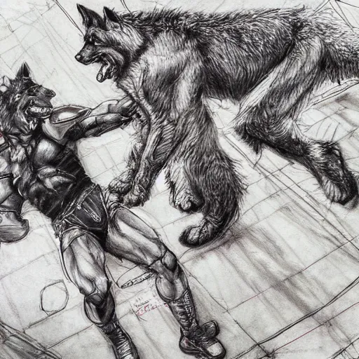 Image similar to a humanoid german shepherd beast - man wrestling with another german shepherd in the middle of an arena, pencil art, added detail, high definiton, colored, aerial viewyoji shinkawa