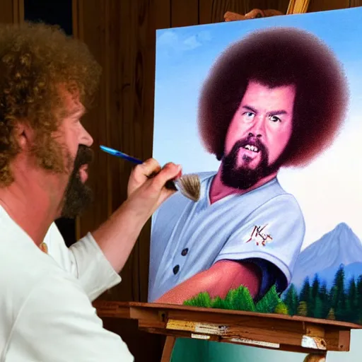 Image similar to a closeup photorealistic photograph of bob ross painting an image of kenny powers pitching a baseball on a canvas. mountains and trees. film still. brightly lit scene. this 4 k hd image is trending on artstation, featured on behance, well - rendered, extra crisp, features intricate detail, epic composition and the style of unreal engine.