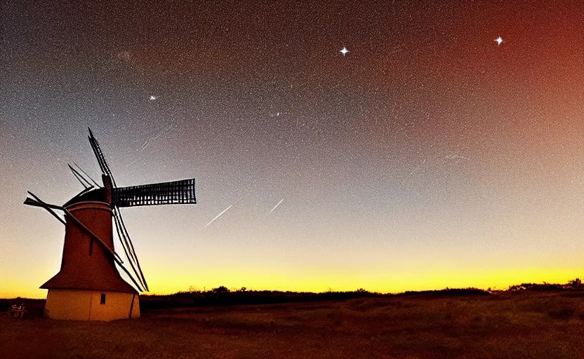 Image similar to “ sunset windmill with meteor shower in the background, cinematic, award winning ”