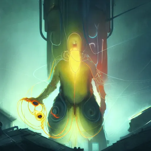 Image similar to medium shot of a ghostly transparent yellow lightning elemental humanoid with red and blue goggles, cyberpunk concept art by pete mohrbacher and seb mckinnon and beksinski and josan gonzales, digital art, highly detailed, intricate, sci-fi, sharp focus, Trending on Artstation HQ, deviantart, unreal engine 5, 4K UHD image