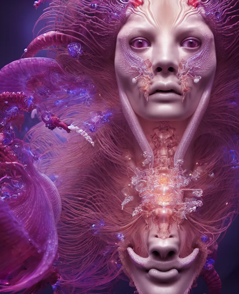 Image similar to goddess close-up face portrait. chimera orchid jellyfish phoenix head, nautilus, skull, betta fish, bioluminiscent creatures, intricate artwork by Tooth Wu and wlop and beeple. octane render, trending on artstation, greg rutkowski very coherent symmetrical artwork. cinematic, hyper realism, high detail, octane render, 8k