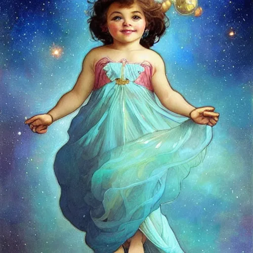 Image similar to a cute little girl with a round cherubic face, blue eyes, and short curly light brown hair smiles as she floats in space with stars all around her. She is wearing a turquoise dress. Beautiful painting by Artgerm and Greg Rutkowski and Alphonse Mucha