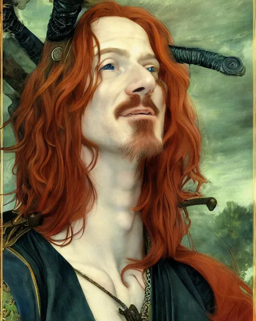 Prompt: portrait of a sexy elven man smiling with long red hair and green eyes wearing eye patch, art by edgar maxence and caravaggio and michael whelan and delacroix style, artistic, intricate drawing, light brazen, realistic fantasy, extremely detailed and beautiful aesthetic face, 8 k resolution, dramatic lighting