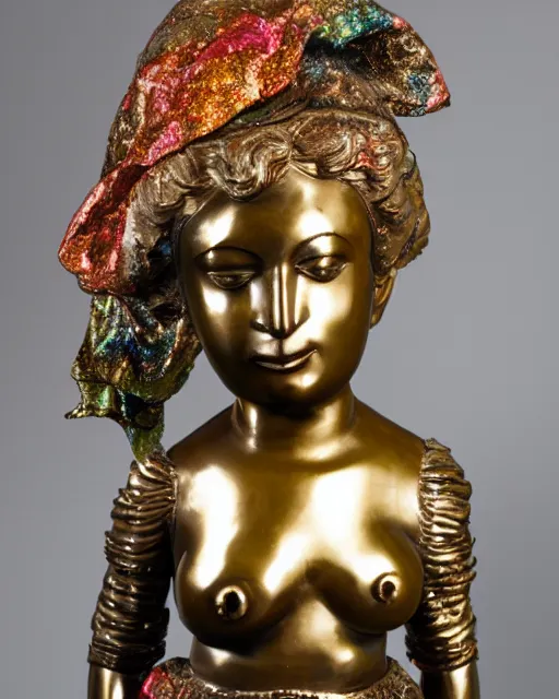 Prompt: a metallic multicolored statue of a woman