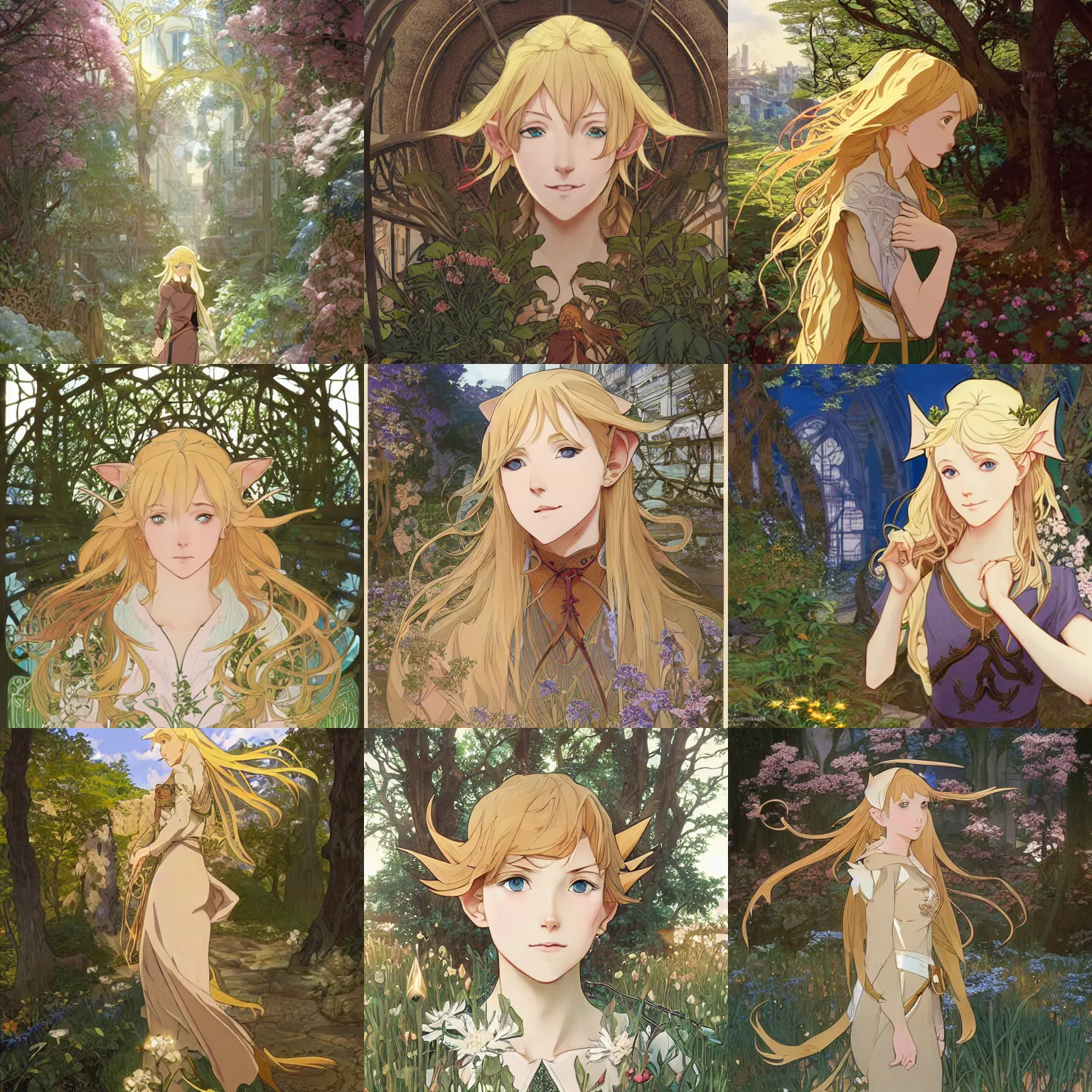 Prompt: Portrait of a golden-haired elf woman walking through a city reclaimed by nature, beautiful face, highly detailed, photoshop, digital illustration, official anime key visual, by Makoto Shinkai and Hayao Miyazaki, by Alphonse Mucha and Murata Range