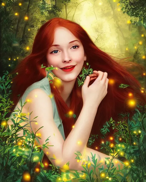 Image similar to a happy young woman, admiring the lights of golden fireflies, sitting in the midst of nature with a wonderful dress, long loose red hair, bright green eyes, small nose with freckles, triangle shape face, smiling, romantic scene, golden ratio, high contrast, photo realistic digital art by caravaggio and artgerm.