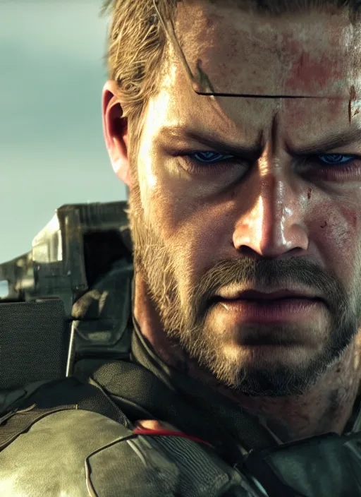 Image similar to film still of paul walker as snake in metal gear solid the phantom pain, gameplay, 8 k, hd