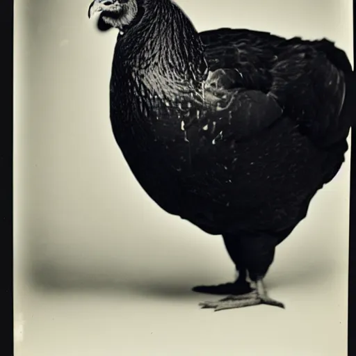 Image similar to Tintype photograph of chonky black chicken as an overweight subject. 1990s studio lighting.