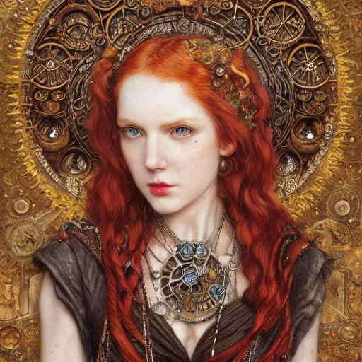 Image similar to A steampunk beautiful goddess, she is redhead, she is embellished with gears wheels and gemstones, by William Holman Hunt, Greg Rutkowski, Stanely Artgerm, Tooth Wu, Peter Gric, Aaron Horkey, trending on Artstation, digital art, mythological, symmetrical artwork, cinematic lighting, hyper realism, high detail, octane render, ultra realistic, golden ratio, 4k, 8k