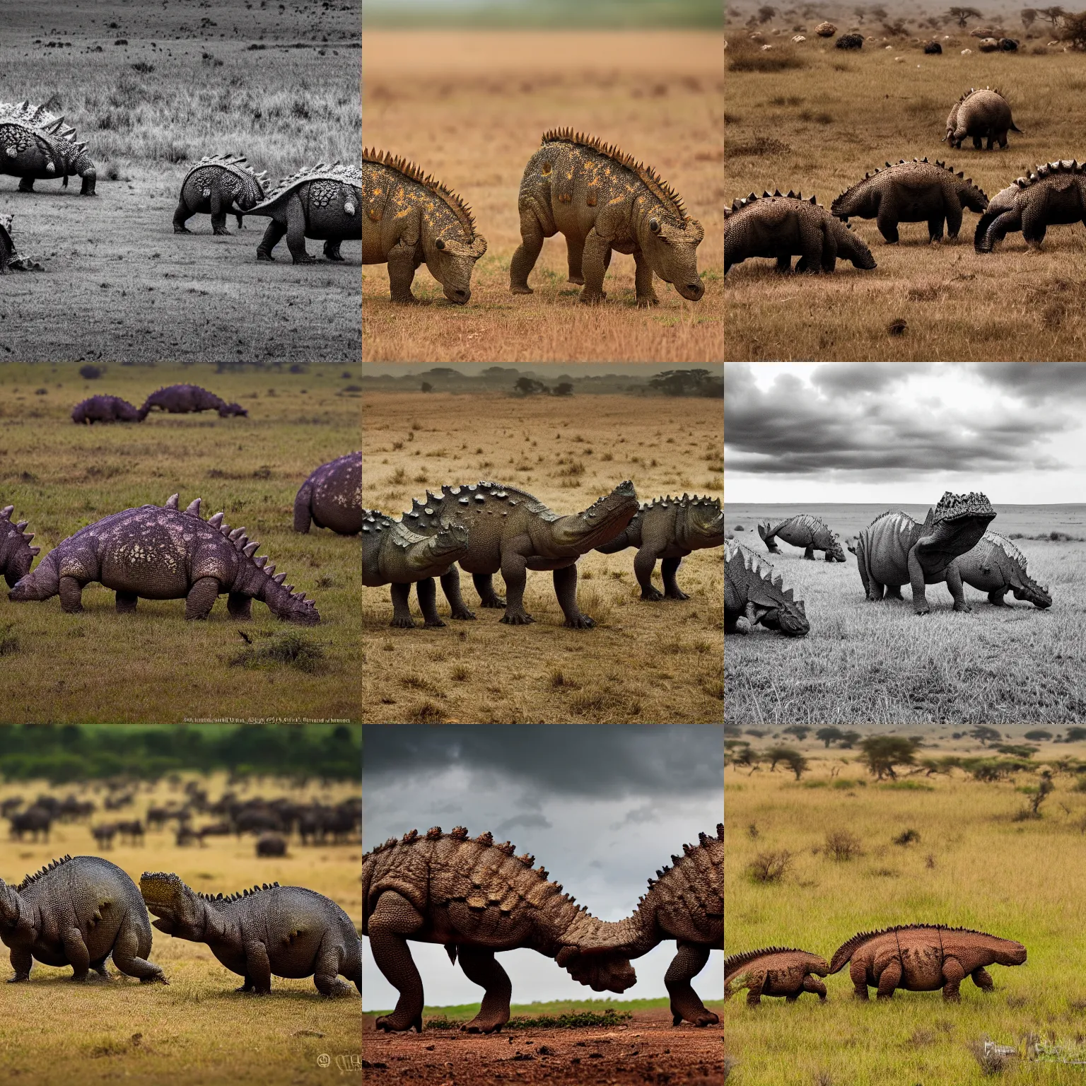 Prompt: nature photography of a herd of ankylosaurs, african savannah, overcast day, digital photograph, award winning, 5 0 mm, telephoto lens, national geographic