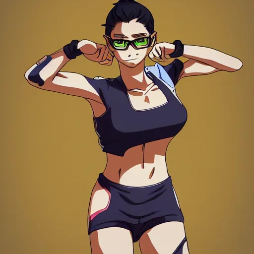 Prompt: anime style, realistic lighting, realistic anatomy, solid colors, made by akio watanabe and studio mappa, safebooru, from overwatch, portrait of female beach volley player, standing pose, futuristic glasses lenses, sport clothing, simple background