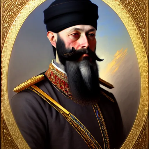 Image similar to portrait painting of russian tsar with beard wearing monomakh's cap, ultra realistic, concept art, intricate details, eerie, highly detailed, photorealistic, octane render, 8 k, unreal engine. art by artgerm and greg rutkowski and magali villeneuve and alphonse mucha