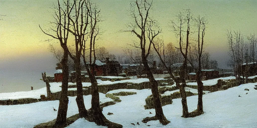 Image similar to an impasto oil painting of a lakehouse in the winter painted by caspar david friedrich, high detail,