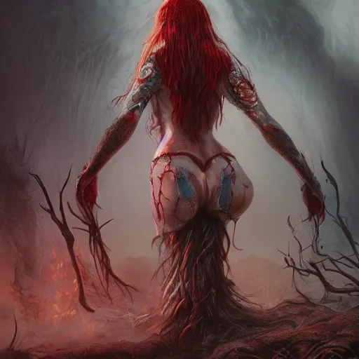 Image similar to elden ring art, concept art, highly detailed, malenia staying and looking on burning erd tree, ripped skirt, tired woman, bloody back fantasy art, digital drawing, arstation trends, 4 k