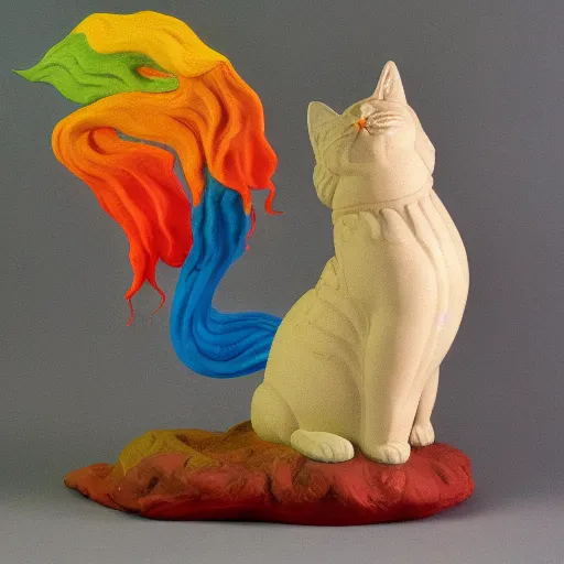 Image similar to clay model statue flowing rainbow cat by susan herbert and hiroshige ii and theophile steinlen and louis wain and min zhen and arthur rackham and pierre bonnard and bonnie mclean and wes wilson, 8 k, artstation