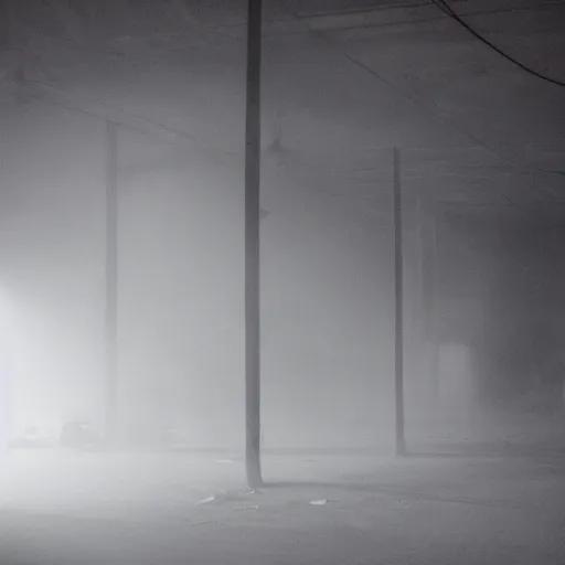 Prompt: a ghost of smoke and wires in an empty white misty room, eerie