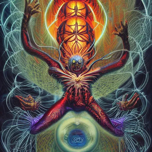 Prompt: realistic detailed image of electric spider demiurge dmt deity action sci fi fantasy by steve ellis, james jean, illuminate, karol bak, greg hildebrandt, and mark brooks, neo - tribal, future gothic, rich deep colors. beksinski painting, part by chris dyer art by takato yamamoto. masterpiece