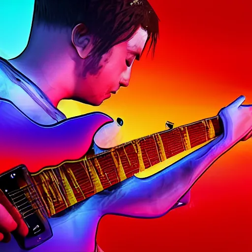 Image similar to ultra realistic vfx of a guitar player melting on colors, alucination, trending on art station, masterpiece, 4 k, gta