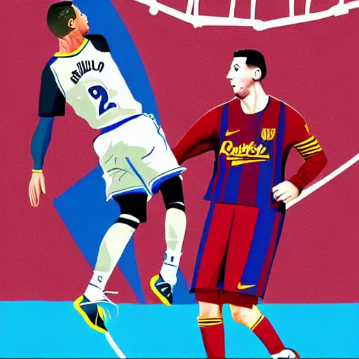 Prompt: Messi dunking on Ronaldo in the NBA, illustration,