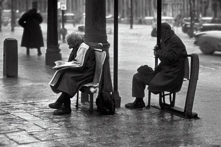 Prompt: a photojournalism photograph of an old man sat at the bus stop reading the newspaper, on a french parisian street in the morning on a rainy day, by henri cartier bresson, cinematic, beautiful lighting, leica