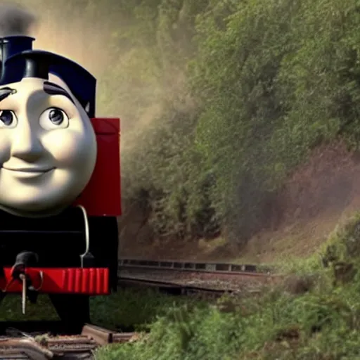 Image similar to steven seagal as thomas the tank engine