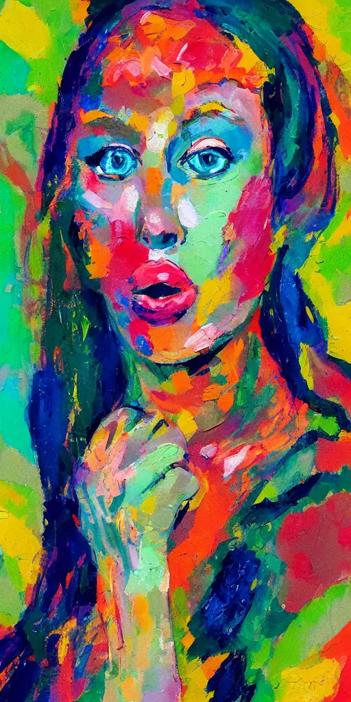 Image similar to portrait of beautiful woman painted with colorful gouache impasto