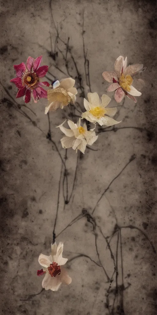 Prompt: fragile and delicate pressed flower collage, dark and moody, shallow dof 8k