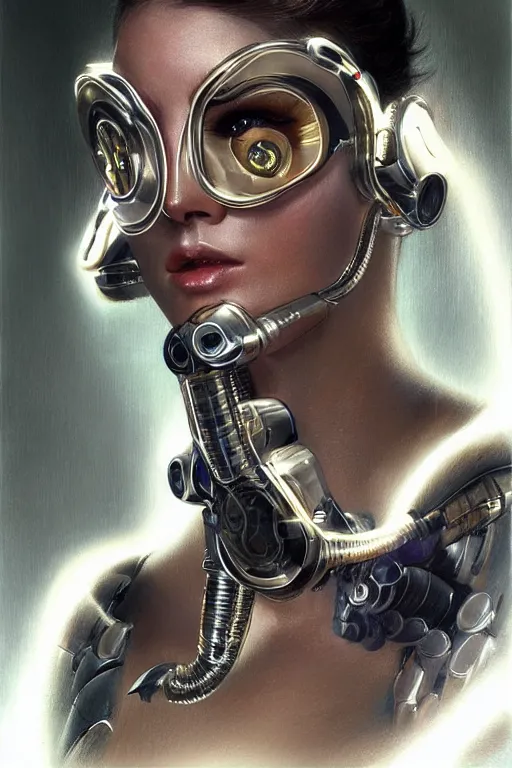 Image similar to Photorealistic illustration, fashion show with cyborg , with fashion clothe, six digital eyes by sorayama , sci-fi, futuristic, intricate, elegant, highly detailed, digital painting, artstation, concept art, smooth, sharp focus, art by artgerm, sorayama, greg rutkowski and alphonse mucha