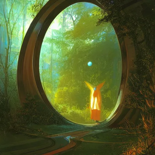 Image similar to portal in a middle of a lush futuristic forest, alien world seen through a portal, person in a cloak standing in front of a portal, syd mead, john harris