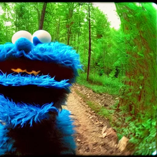 Prompt: Cookie monster caught on a trail cam, trail cam footage, wide angle lens, night vision