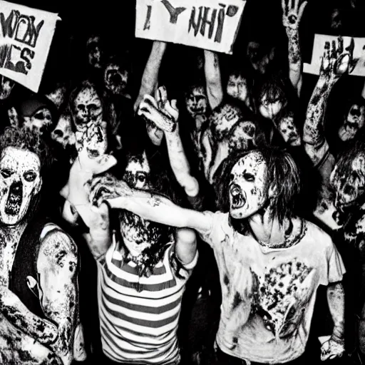 Image similar to zombies at a punk rock concert, highly detailed photo from 1985, black and white