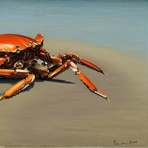 Prompt: A portrait of a mechanical crab on the beach, Henrique Alvim Corrêa, Joan Roig i Soler, ocean, waves, sea shell