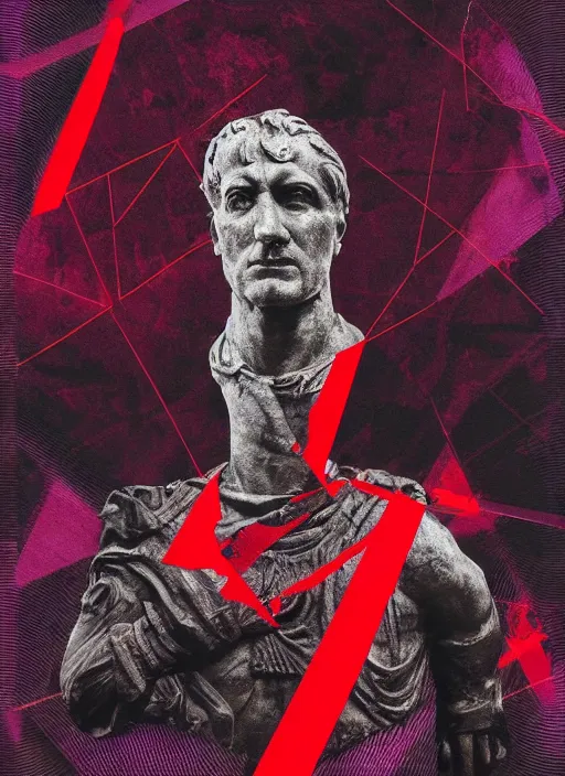 Image similar to design poster showing a statue of julius caesar, black background with very subtle red and purple design elements, powerful, nekro, guido crepax, graphic design, collage art, thin lines, dark, glitch art, neo vaporwave, gritty, layout frame, square, trending on artstation