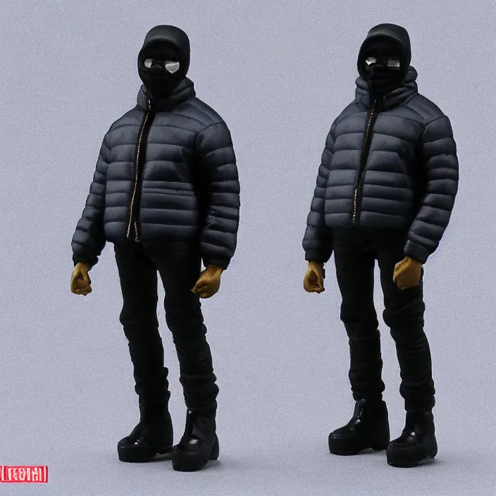 Image similar to a action figure of kanye west using a full face covering black mask, a small, tight, undersized reflective bright blue round puffer jacket made of nylon, dark jeans pants and big black balenciaga rubber boots, figurine, detailed product photo