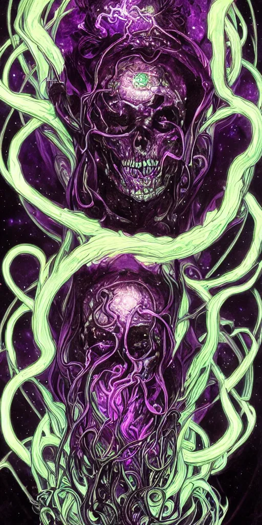 Image similar to intense glowing black metal pagan god with tentacles and intense black eyes with a skull in very dark purple cosmic space nebula by artgerm and alphonse mucha and beksinski, portrait, fantasy, clear, light beams, lens flare, soft, uhd, amazing depth, cinematic lighting, violet and red and black and white and metallic silver