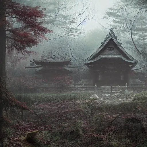 Prompt: japanese abandoned temple in the woods, dark, moody, foggy by Marc Simonetti