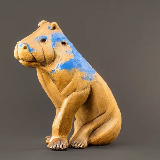 Prompt: a small smooth hippo statue carved from natural wood, dipped in polished blue resin, half and half, mixed media, side view