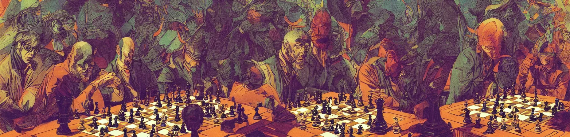 Image similar to chess tournament, psychedelic grainshading print, moebius, richard corben, wayne barlowe, galactic light colors