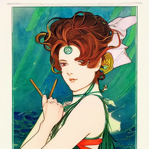 Prompt: the sailor jupiter. beautiful, realistic painting by mucha and kuvshinov and bilibin. watercolor, thick linings, manga