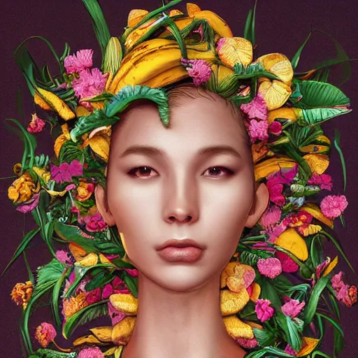 Image similar to the portrait of an incredibly beautiful, graceful, and elegant woman made of bananas and petals, an ultrafine detailed illustration by kim jung gi, irakli nadar, intricate linework, bright colors, final fantasy, behance contest winner, angular, unreal engine 5 highly rendered, global illumination, radiant light, detailed and intricate environment