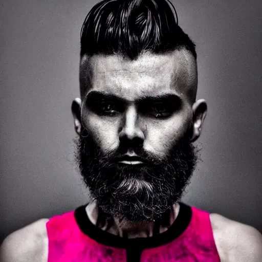 Image similar to bust portrait of handsome proud man with short black hair with grey hair, piercing in eyebrow, very short full beard, cyberpunk, fashion editorial photography, neon color scheme, waist up, low angle