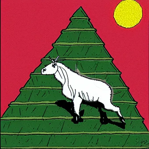 Image similar to mountain goat on a pyramid in Far Side style, cartoon