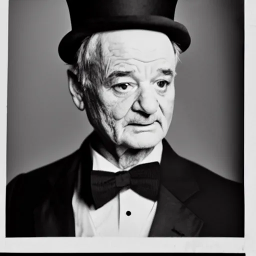 Prompt: black and white mugshot, bill murray, he is wearing a top hat, wearing bandit mask, bow tie bandit