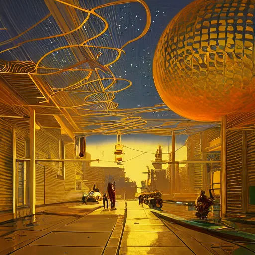 Image similar to painting of syd mead artlilery scifi parametric dome with ornate metal work lands on a sidewalk, filigree ornaments, volumetric lights, simon stalenhag