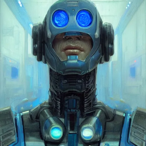 Prompt: robot with glowing blue eye as a realistic scifi cyberpunk knight, closeup portrait art by donato giancola and greg rutkowski, realistic face, digital art, trending on artstation, symmetry!!!