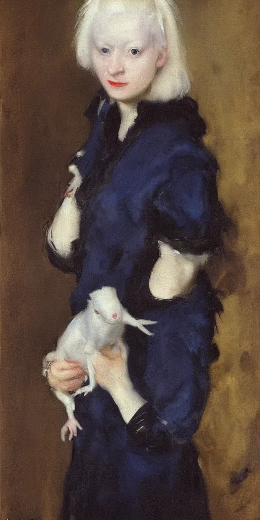 Image similar to “ a portrait of a blue haired girl holding an albino rat, very detailed, oil painting, madame x, dark background, by of john singer sargent ”