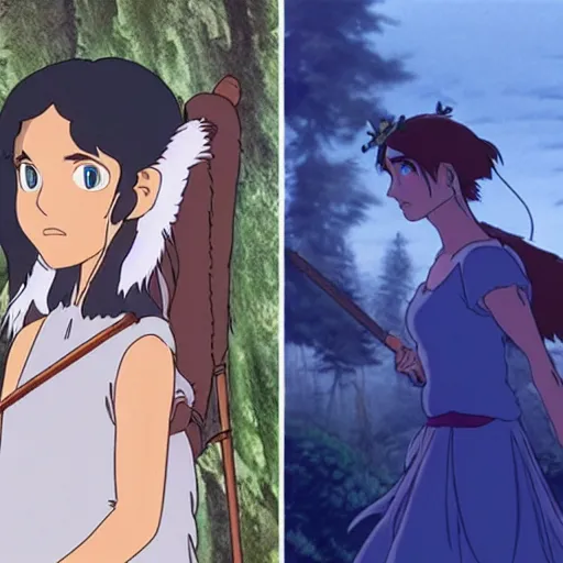 Image similar to side by side comparison : animated princess mononoke by studio ghibli, vs. live action princess mononoke starring megan fox