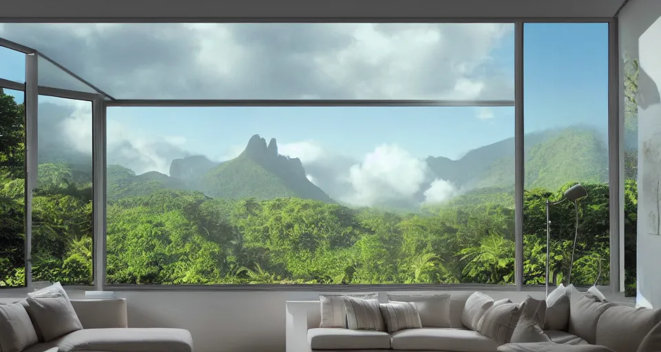 Prompt: looked at big window, architectural, mountains in background, cloud forest in background, tropical, sunny day time, clear sky, living room, furniture, IKEA catalogue, futuristic, ultra realistic, ultra detailed, cinematic light, anamorphic, by Paul Lehr